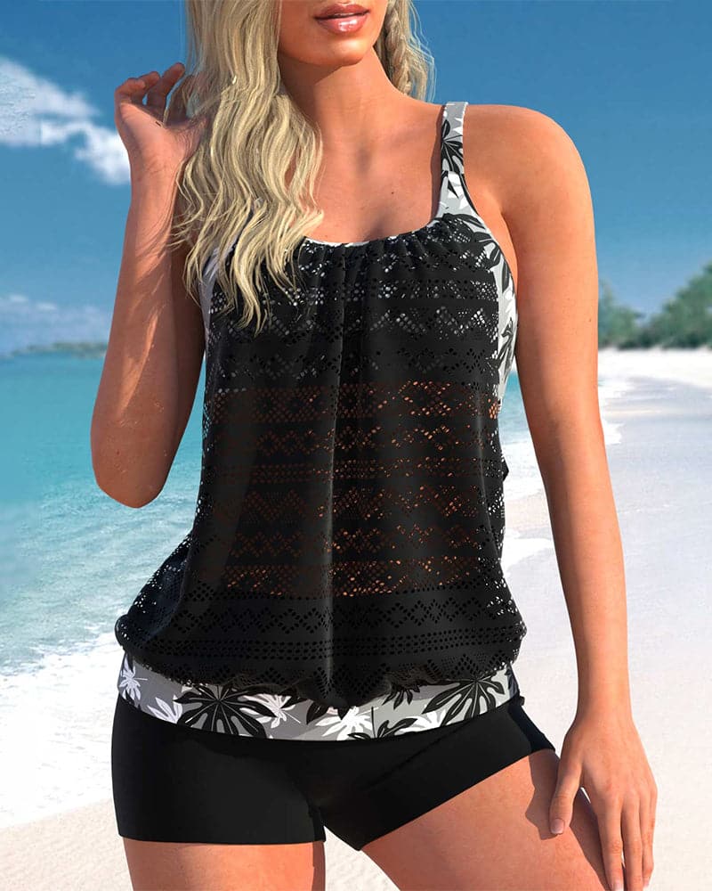Tankini-set voor dames – Zacht breiwerk – Overlappende kant – Loszittende pasvorm – Bijpassende shorts