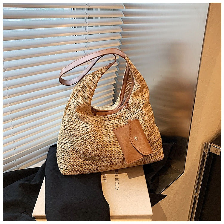 Shopper tas met geweven raffia en tasdetail - Martina