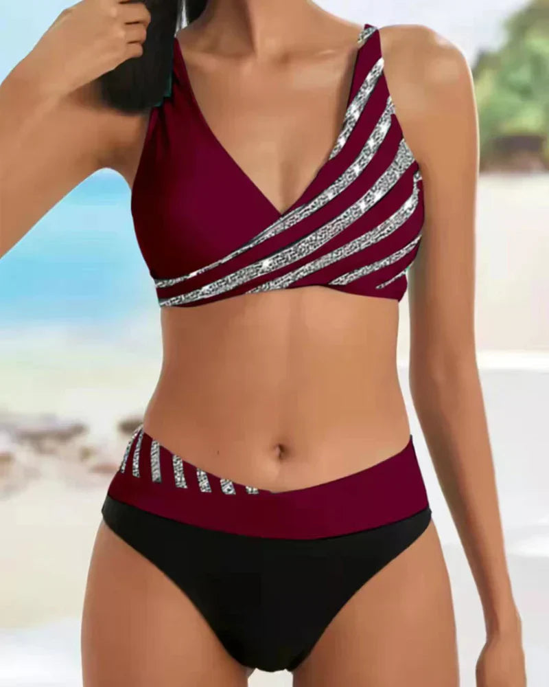 Dames Bikini Set met Wrap Top en Hoge Taille – Ademend Stretch Streep Stof