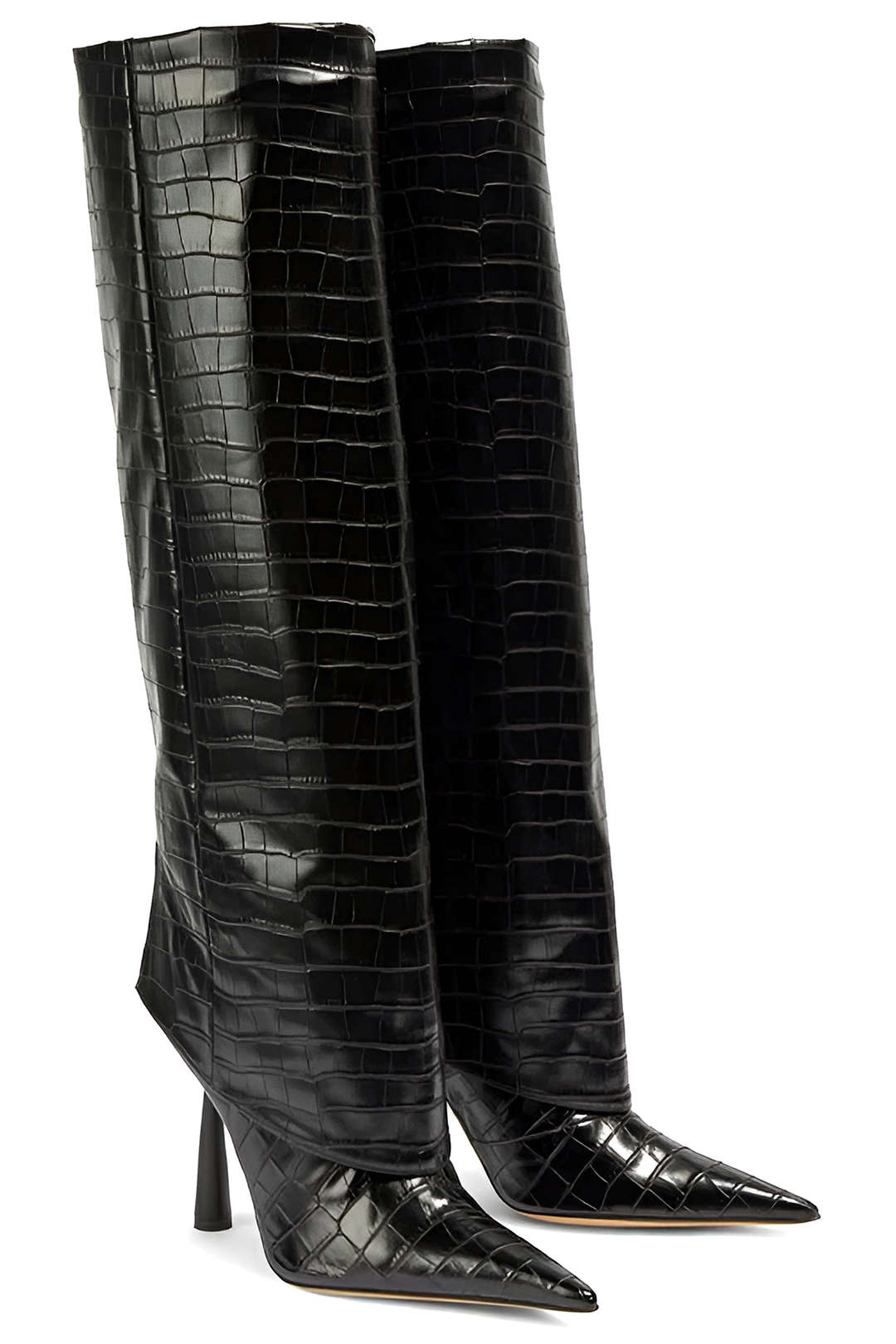 Crocodile patent leder enkellaarsjes met puntige hak en over de knie