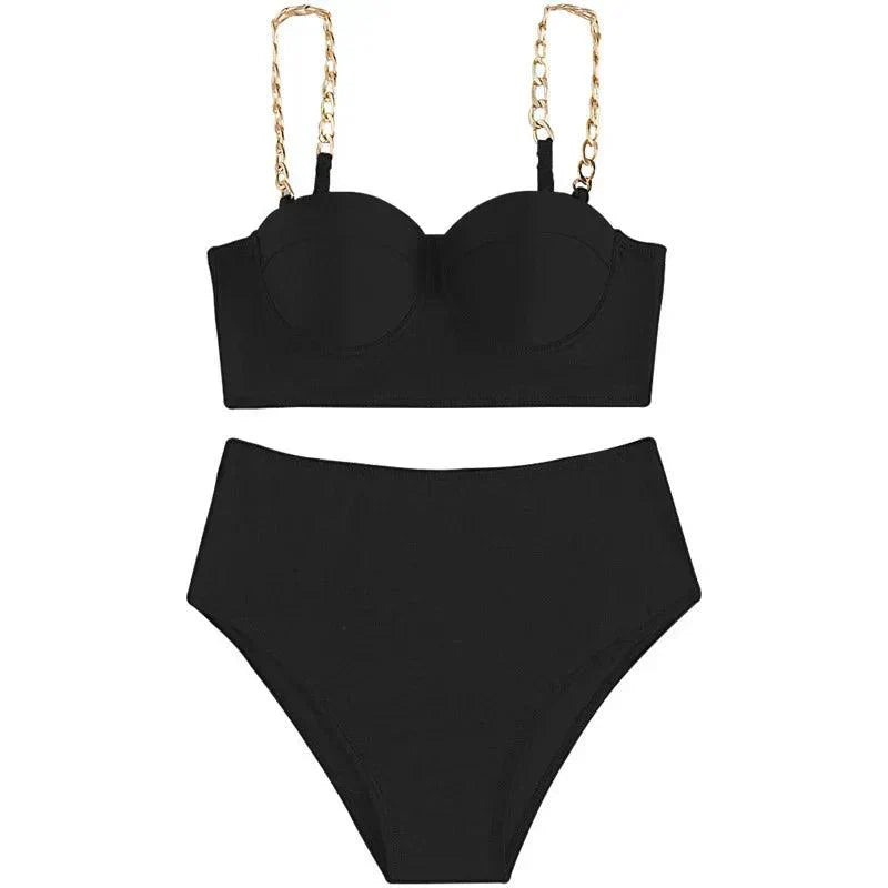Betoverend hoge taille padded bikini set met trendy kettingbanddetails voor vrouwen