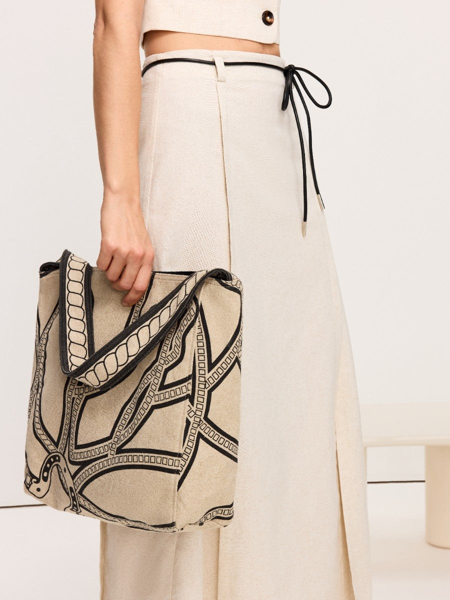 Stijlvolle leinen- en katoenen tas met elegante kettingdruk-look