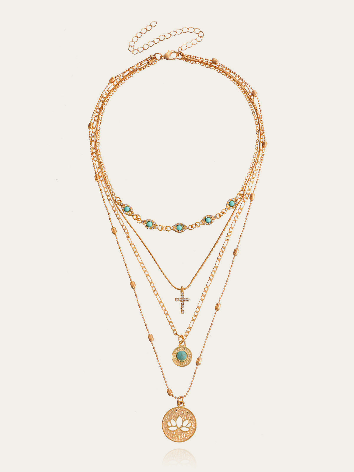 Multilagen gouden ketting met turquoise en hangers voor een verfijnde stijl