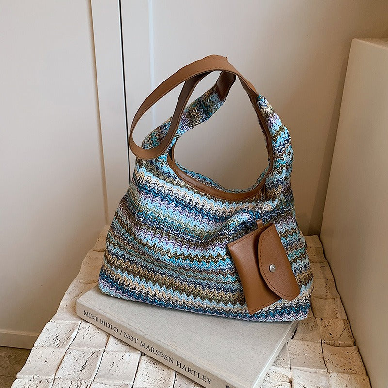Shopper tas met geweven raffia en tasdetail - Martina