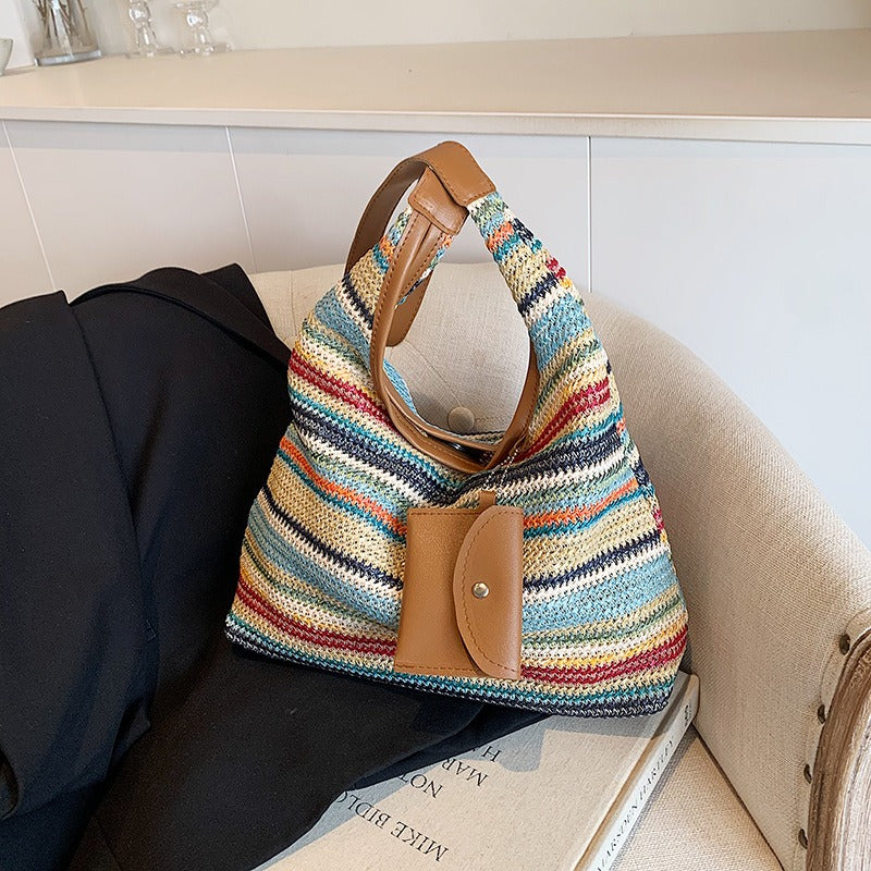 Shopper tas met geweven raffia en tasdetail - Martina