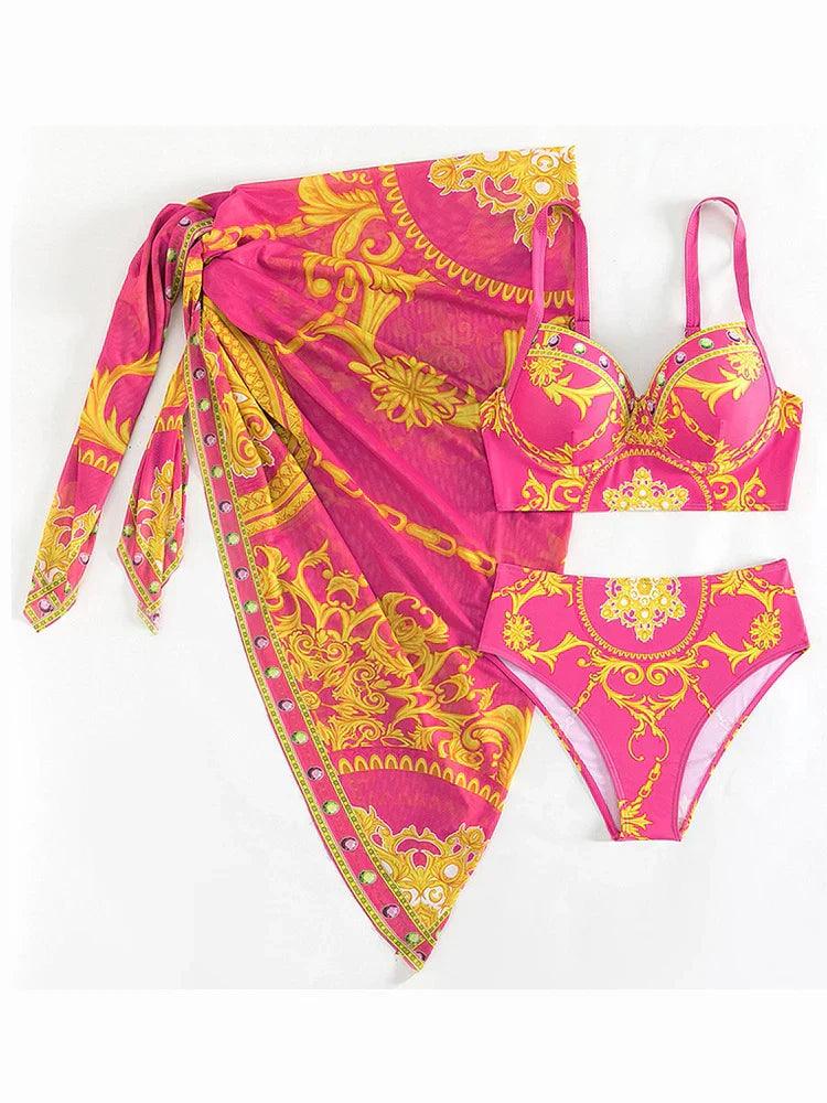 Boho Hoog Taille Bikini Set voor Vrouwen met Cover-up Vel̃