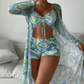 3-delige badpak voor dames - Transparante lange cardigan, getailleerd bikini top en high-waist short