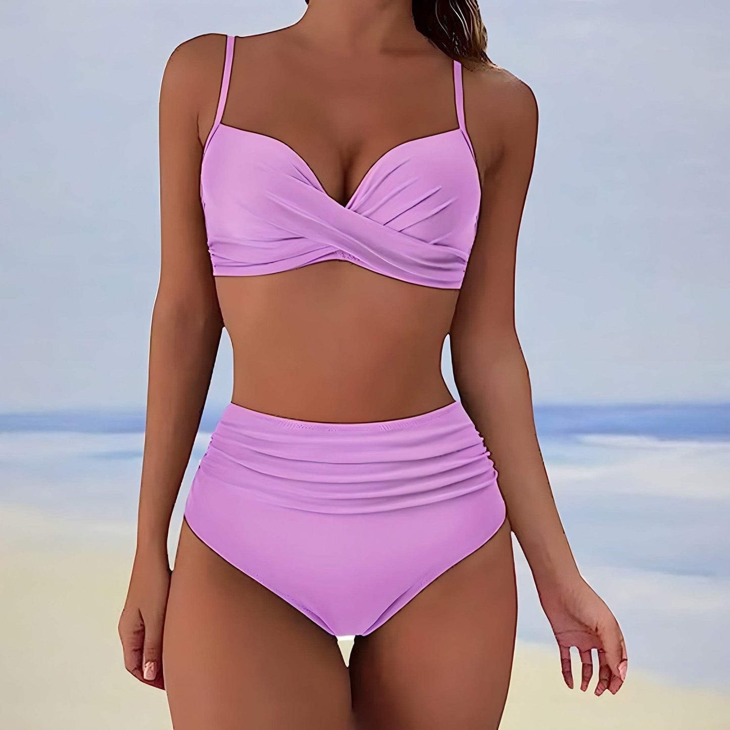 Vrouwen Bikini-Set met Twist-Front Top en Verstelbare Straps – Ruché Slip met Hoge Taille voor een Stralende Look