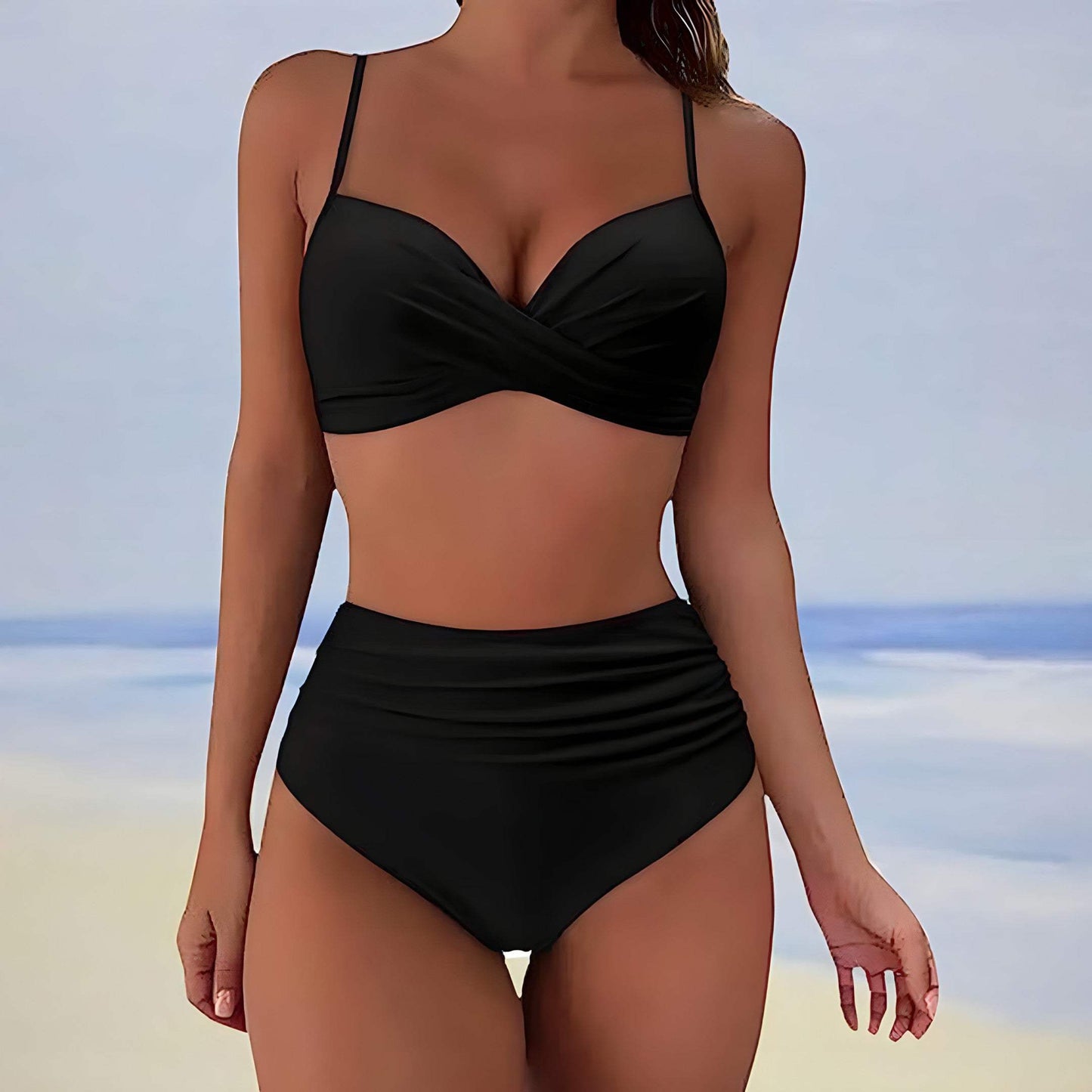 Vrouwen Bikini-Set met Twist-Front Top en Verstelbare Straps – Ruché Slip met Hoge Taille voor een Stralende Look