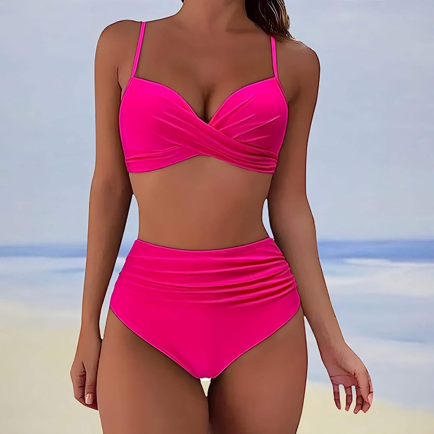 Vrouwen Bikini-Set met Twist-Front Top en Verstelbare Straps – Ruché Slip met Hoge Taille voor een Stralende Look