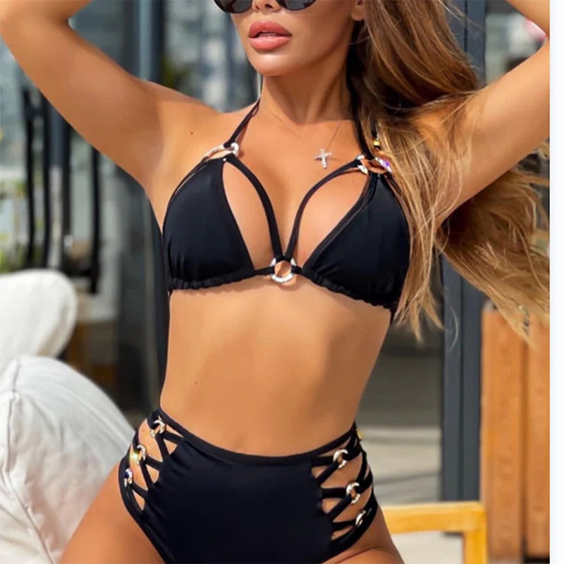 Vrouwelijke bikini set TRIANGLE driehoektop hoog taille ontwerp gesp detail ademend gemengd stof